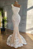 Attractive One Shoulder Appliques Lace Floor-length Mermaid Wedding Dress-misshow.com