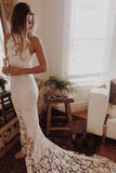 Vestidos de novia elegantes de sirena de playa con espalda abierta de encaje impresionante
