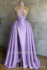 Halter Sleeveless Mermaid Split Long Formal Dress With Appliques