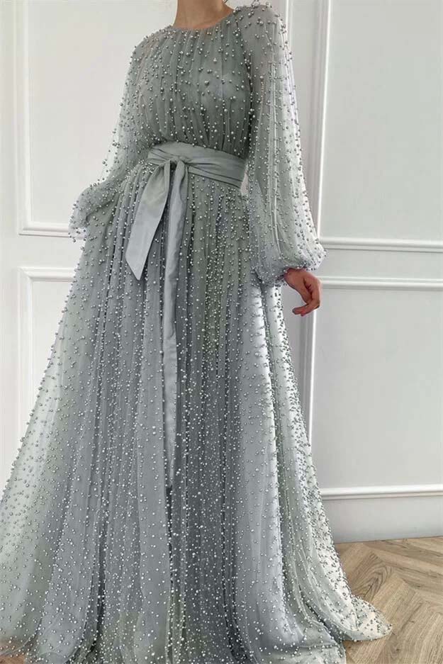 Long Sleeves Long Jewel Neck Formal Dress With Pleated Beading