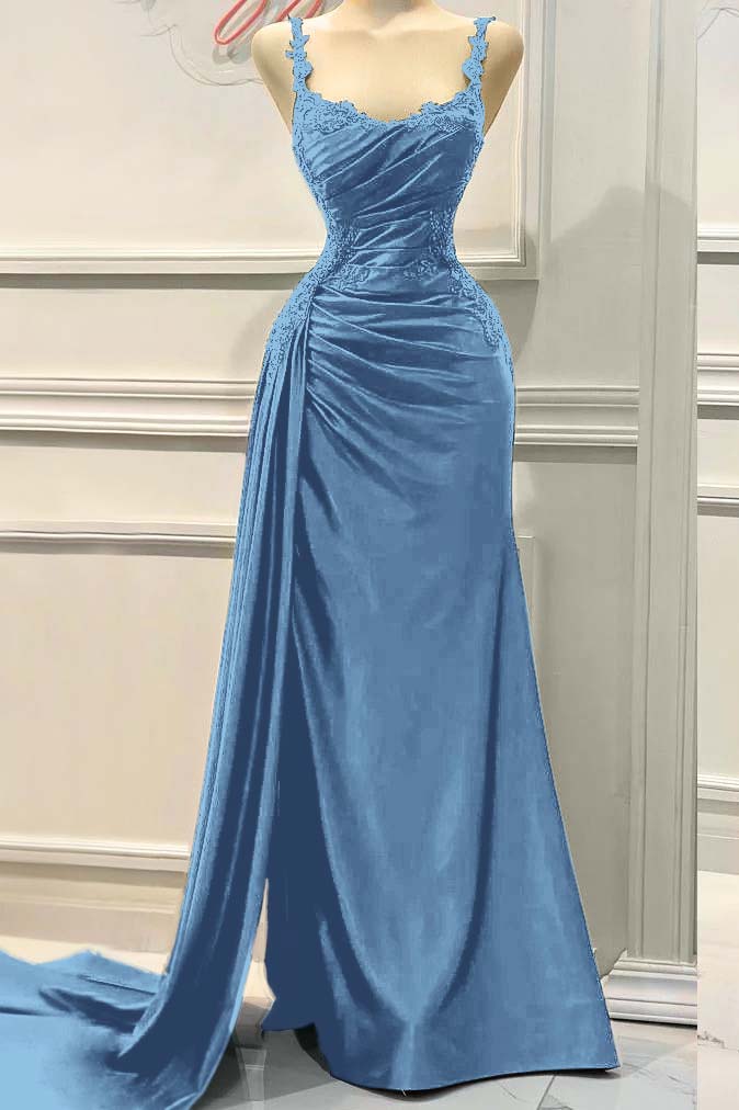 Charming Spaghetti Strap Sleeveless Pleated Long Formal Dress With Appliques