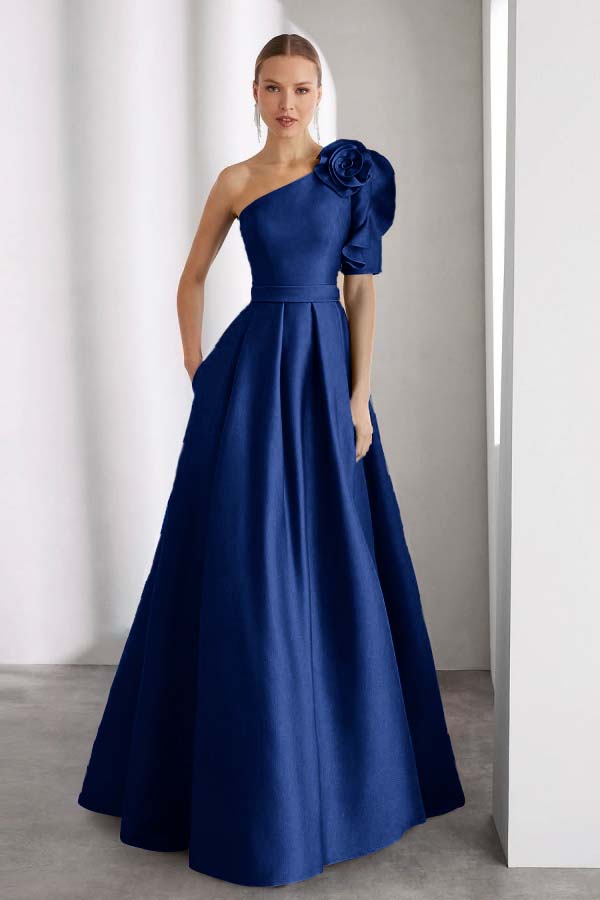 One Shoulder Sleeveless Long A Line Formal Dress With Pockets