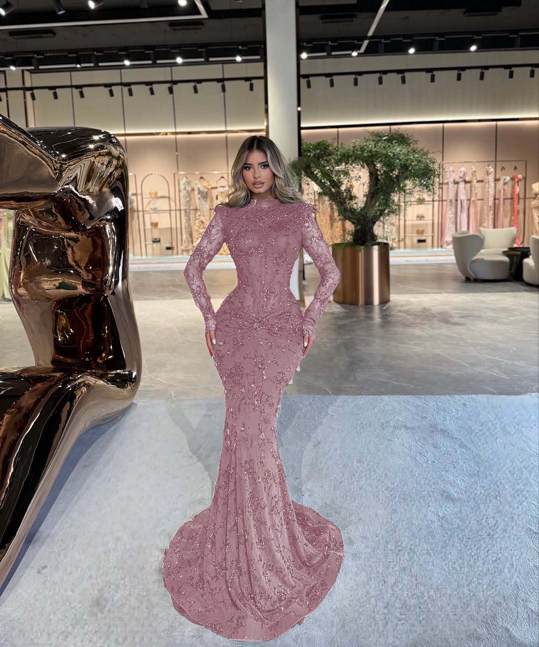 High Neck Long Sleeves Long Mermaid Formal Dress With Beading Pleated