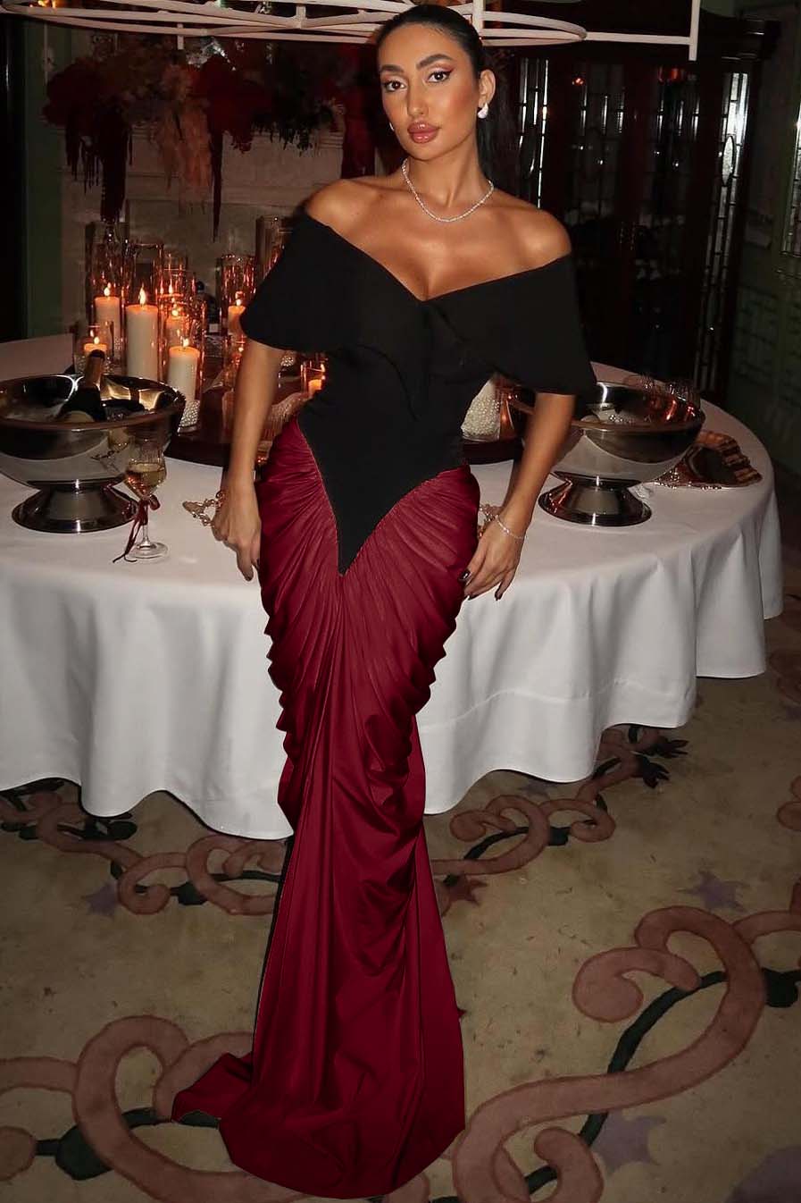 Off the Shoulder Strapless Mermaid Long Formal Dress With Pleated Gloves