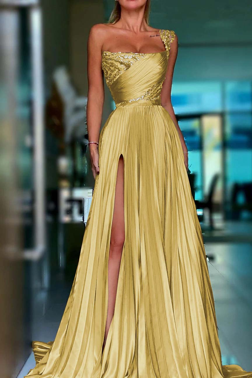 One Shoulder Sleeveless Long Formal Dress With High Split Sequins