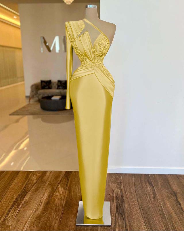 Long Sleeve One Shoulder Long Formal Dress With Pleated Appliques