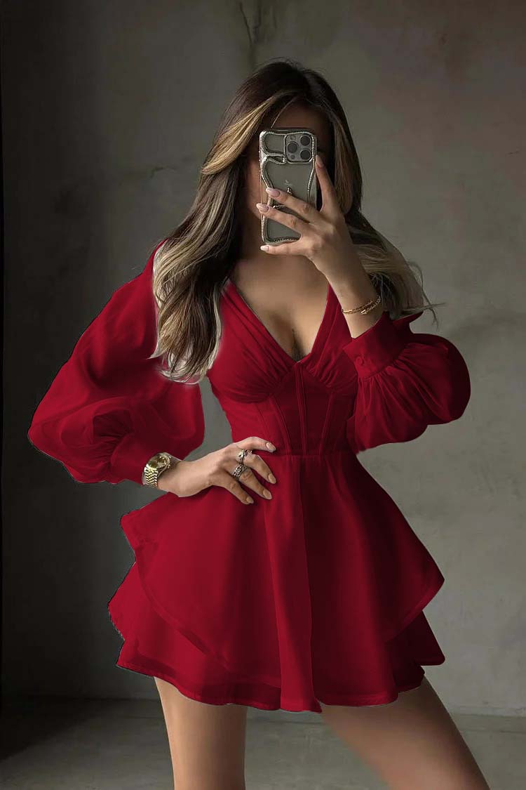 White Long Sleeves V Neck Short Formal Dress With Ruffles Pleated