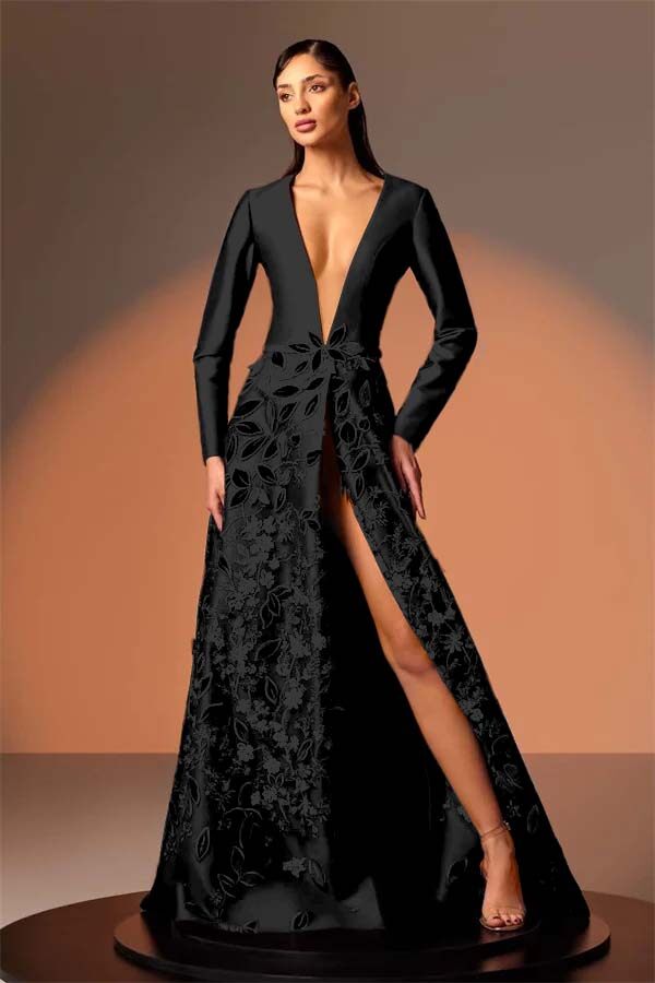 Long Sleeves Deep V Neck High Split Long Formal Dress With Appliques