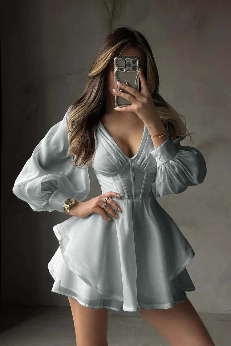 White Long Sleeves V Neck Short Formal Dress With Ruffles Pleated