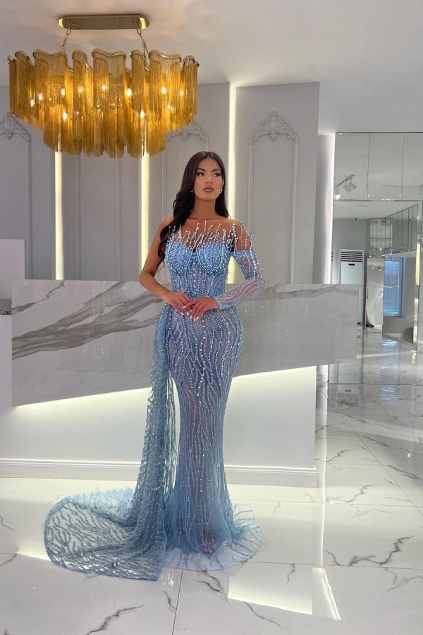 Baby Blue Strapless Long Sleeve Mermaid Long Formal Dress With Beading