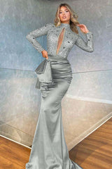 High Collar Long Sleeves Mermaid Pleated Sequins Formal Dress With Beadings