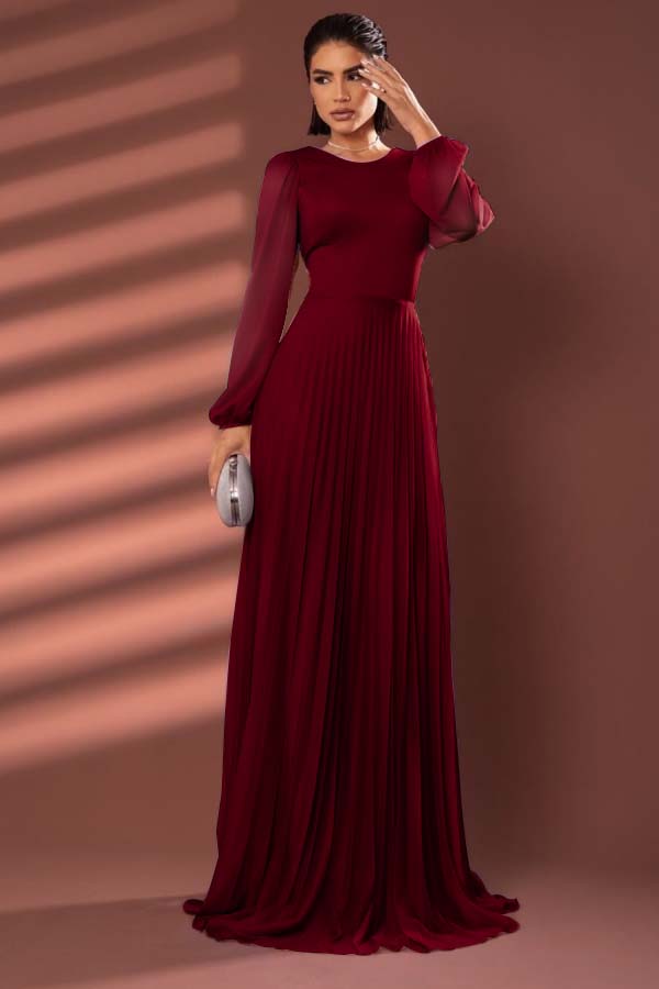 Chiffon Jewel Neck Long Sleeves Long Formal Dress With Pleated