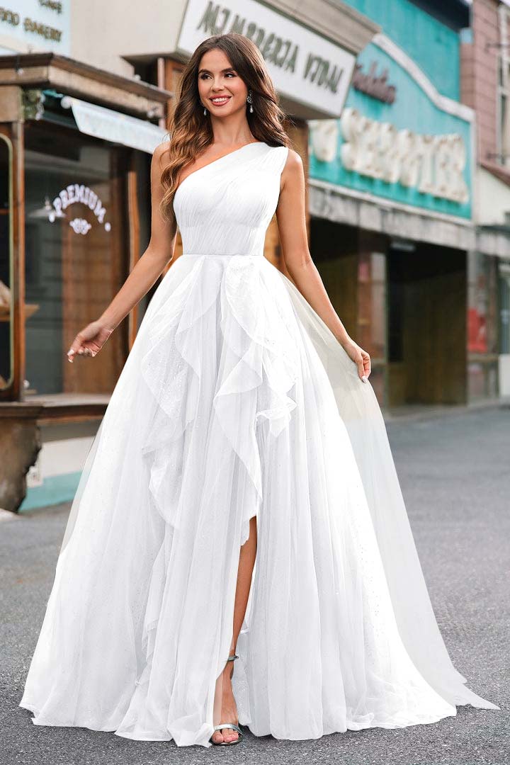 One Shoulder Sleeveless Long Split Formal Dress With Sequins Tulle