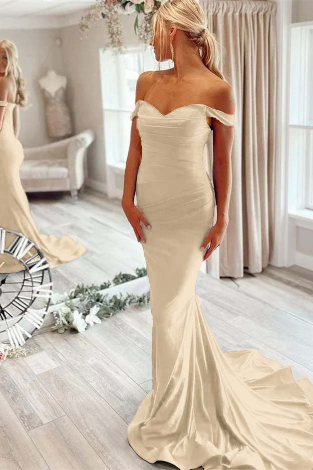 Off the Shoulder Sleeveless Mermaid Long Formal Dress With Pleated