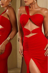 One Shoulder Sleeveless Sweetheart Split Long Formal Dress With Pleated