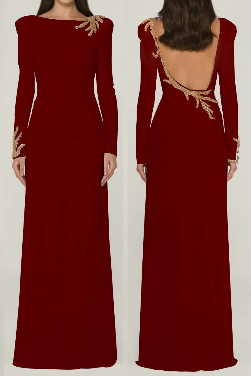 Long Sleeves Long Backless Formal Dress With Appliques Pleated