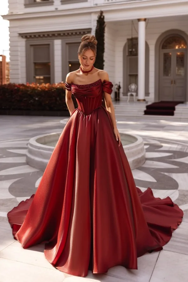 Off the Shoulder Sleeveless Long Formal Dress With Pleated Beading