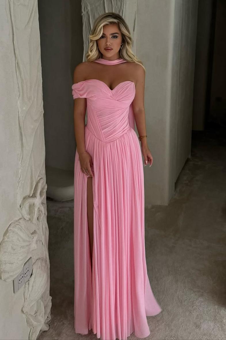 One Shoulder Sleeveless Long Split Formal Dress With Pleated Scarf