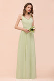 Backless Sage Bridesmaid Dress Floor Length Spring /Summer Maid of honor Dress-misshow.com