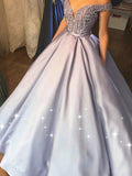 Ball Gown Beading Satin Off-the-Shoulder Sleeveless Floor-Length Prom Dresses