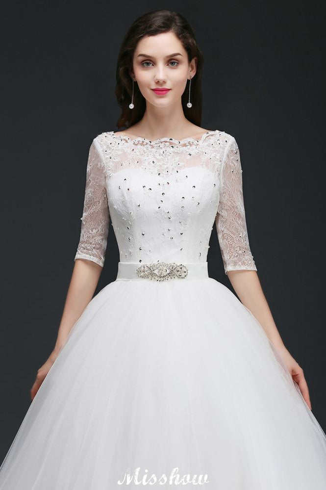 This elegant Jewel Tulle wedding dress with Appliques could be custom made in plus size for curvy women. Plus size Half-Sleeves Ball Gown bridal gowns are classic yet cheap.