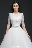 This elegant Jewel Tulle wedding dress with Appliques could be custom made in plus size for curvy women. Plus size Half-Sleeves Ball Gown bridal gowns are classic yet cheap.