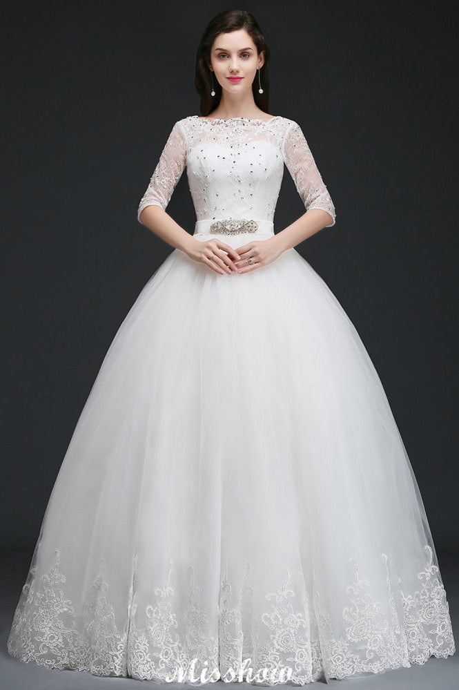 This elegant Jewel Tulle wedding dress with Appliques could be custom made in plus size for curvy women. Plus size Half-Sleeves Ball Gown bridal gowns are classic yet cheap.