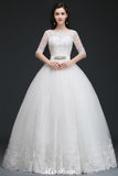 This elegant Jewel Tulle wedding dress with Appliques could be custom made in plus size for curvy women. Plus size Half-Sleeves Ball Gown bridal gowns are classic yet cheap.