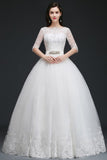 This elegant Jewel Tulle wedding dress with Appliques could be custom made in plus size for curvy women. Plus size Half-Sleeves Ball Gown bridal gowns are classic yet cheap.