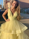 Ball Gown Floor-Length V-neck Ruffles Sleeveless Organza Prom Dresses