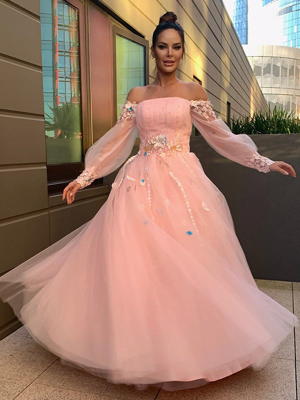 Ball Gown Hand-Made Flower Tulle Long Sleeves Off-the-Shoulder Floor-Length Prom Dresses