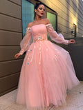 Ball Gown Hand-Made Flower Tulle Long Sleeves Off-the-Shoulder Floor-Length Prom Dresses