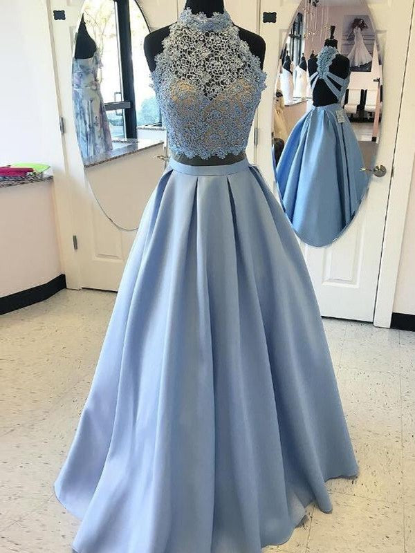 Ball Gown High Neck Sleeveless Floor-Length Applique Satin Two Piece Prom Dresses