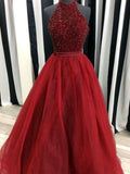 Ball Gown High Neck Sleeveless Floor-Length Beading Organza Prom Dresses