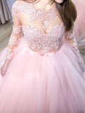 Ball Gown Jewel Long Sleeves Lace Tulle Prom Dresses