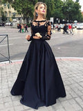 Ball Gown Long Sleeves Bateau Satin Floor-Length Prom Dresses