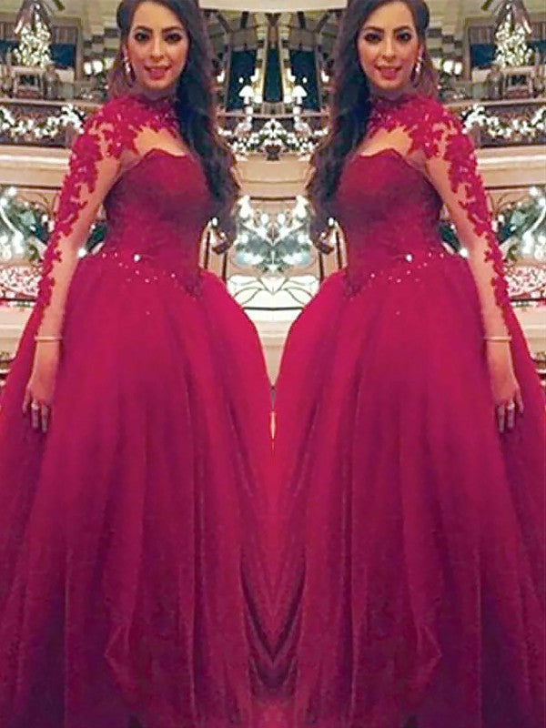 Ball Gown Long Sleeves High Neck Applique Floor-Length Tulle Prom Dresses