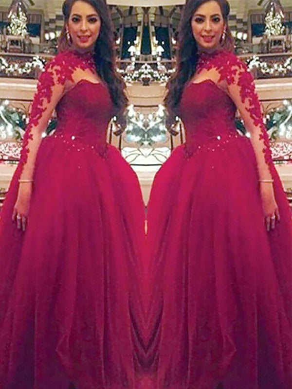Ball Gown Long Sleeves High Neck Applique Floor-Length Tulle Prom Dresses