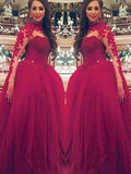 Ball Gown Long Sleeves High Neck Applique Floor-Length Tulle Prom Dresses