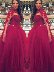 Ball Gown Long Sleeves High Neck Applique Floor-Length Tulle Prom Dresses