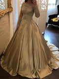 Ball Gown Long Sleeves Off-the-Shoulder Applique Satin Prom Dresses