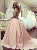 Ball Gown Long Sleeves Off-the-Shoulder Beading Satin Court Train Prom Dresses