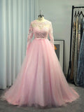 Ball Gown Long Sleeves Tulle Lace Jewel Prom Dresses