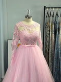 Ball Gown Long Sleeves Tulle Lace Jewel Prom Dresses