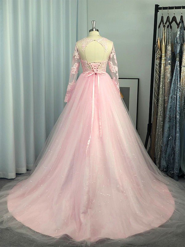 Ball Gown Long Sleeves Tulle Lace Jewel Prom Dresses