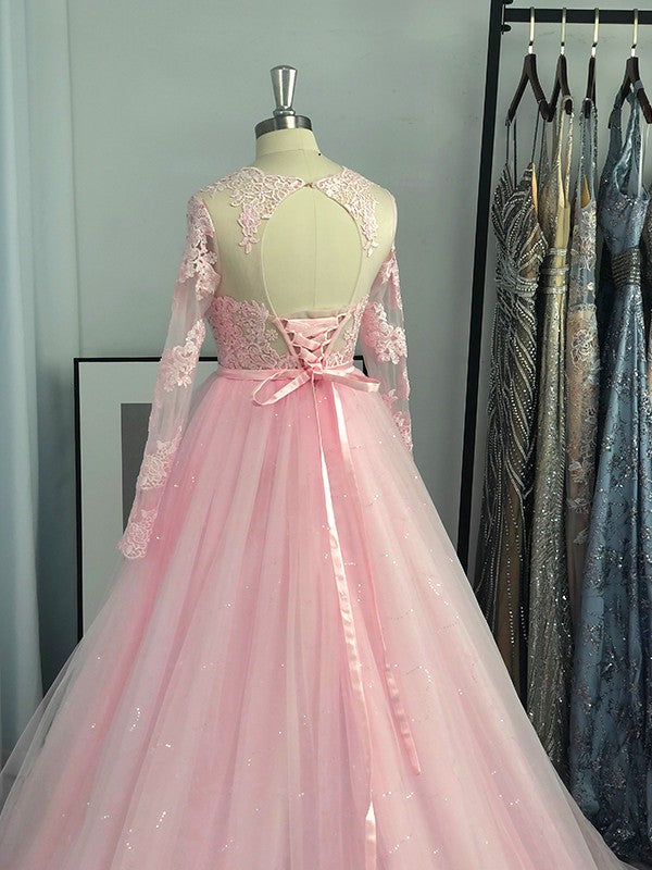 Ball Gown Long Sleeves Tulle Lace Jewel Prom Dresses