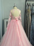 Ball Gown Long Sleeves Tulle Lace Jewel Prom Dresses