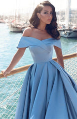 Ball Gown Off-shoulder Floor Length Blue Prom Evening Dresses-misshow.com