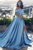Ball Gown Off-shoulder Floor Length Blue Prom Dresses-misshow.com