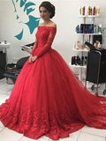 Ball Gown Off-the-Shoulder Long Sleeves Lace Tulle Court Train Prom Dresses